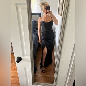 AZAZIE MARZIA Black Fitted Cowl Pleated Stretch Satin Dress 6